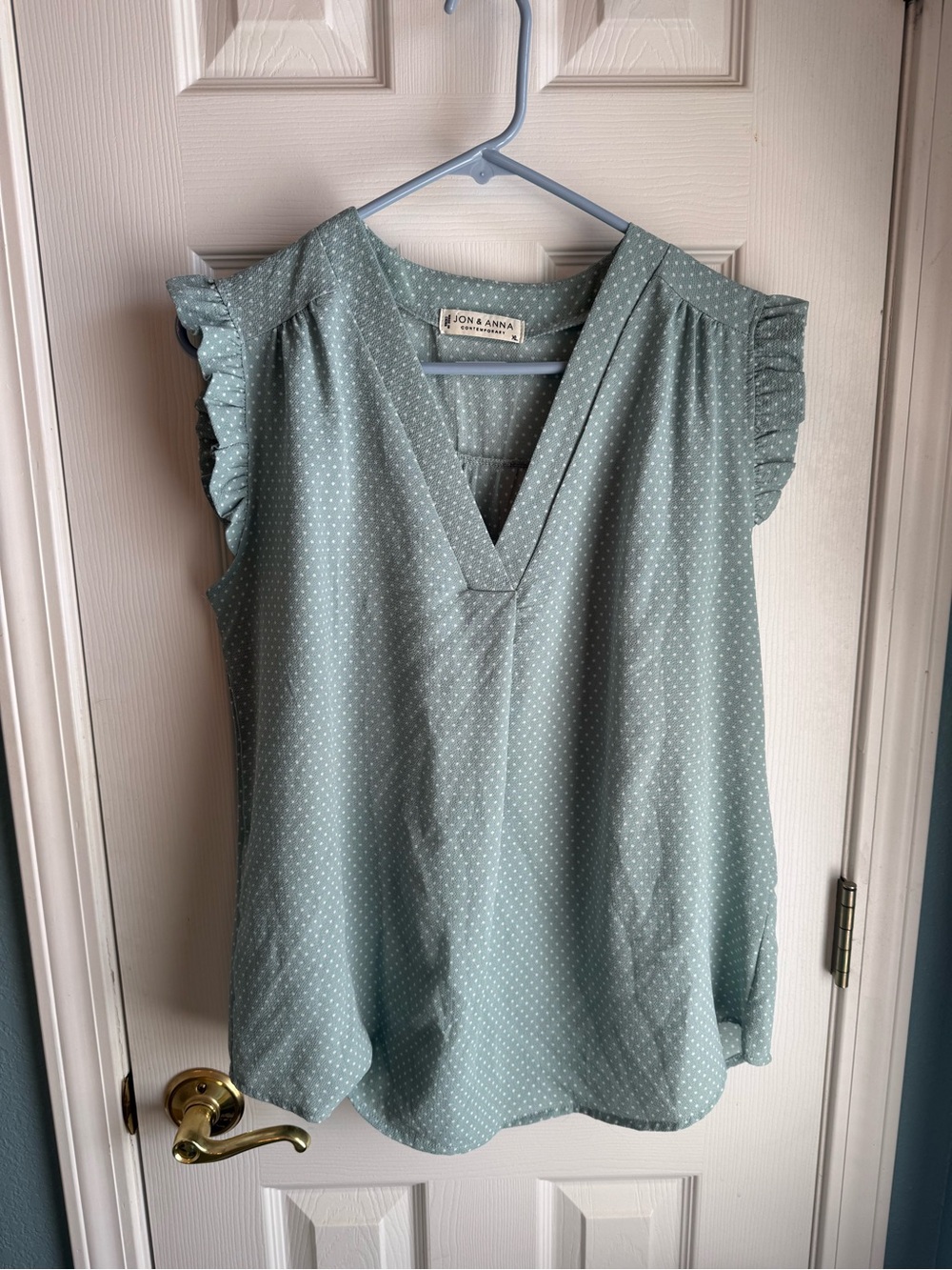 Jon & Anna Mint Polka Dot Ruffle Cap Sleeve V-Neck Top